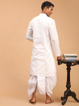 VASTRAMAY Men's White Cotton Kurta With White Solid Dhoti Set