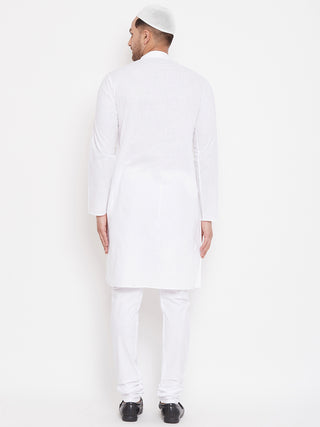 VASTRAMAY Men's White Cotton Linen Blend Kurta Churidar Set