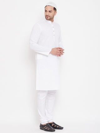 VASTRAMAY Men's White Cotton Linen Blend Kurta Churidar Set