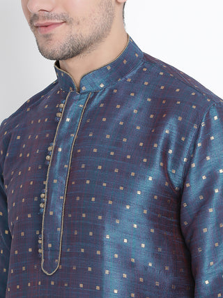 Men's Blue Cotton Silk Blend Kurta and Pyjama Set