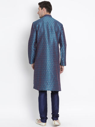 Men's Blue Cotton Silk Blend Kurta and Pyjama Set