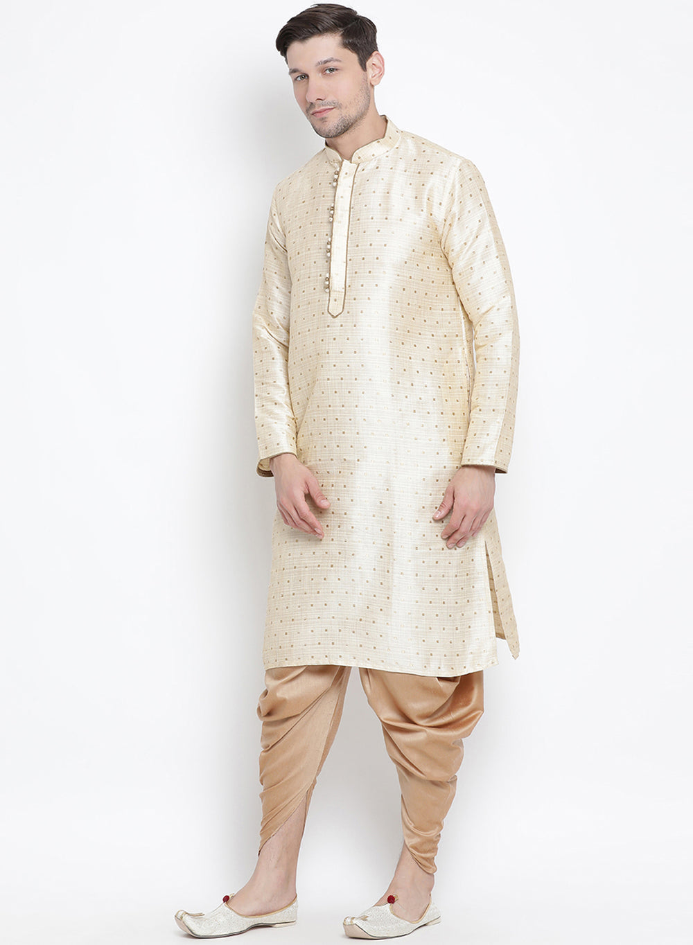 Men's Gold Cotton Silk Blend Kurta and Dhoti Pant Set