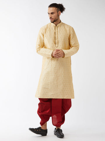 VASTRAMAY Men's Gold Zari Weaved Kurta Dhoti Set