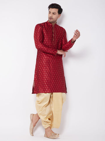 VASTRAMAY Men's Maroon Zari Weaved Kurta Dhoti Set