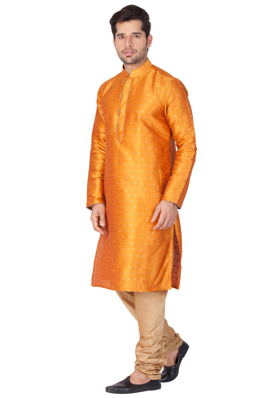 Men's Orange Cotton Silk Blend Kurta and Pyjama Set