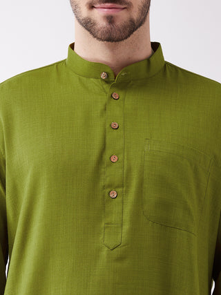 VASTRAMAY Men's Mehendi Green And White Cotton Blend Kurta Pyjama Set