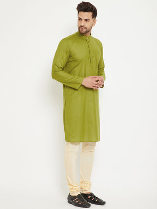 VASTRAMAY Men's Mehendi Green And Cream Cotton Blend Kurta Pyjama Set