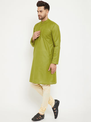 VASTRAMAY Men's Mehendi Green And Cream Cotton Blend Kurta Pyjama Set