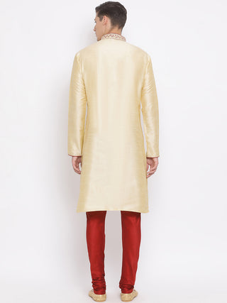 VASTRAMAY Men's Gold Cotton Silk Blend Kurta and Pyjama Set