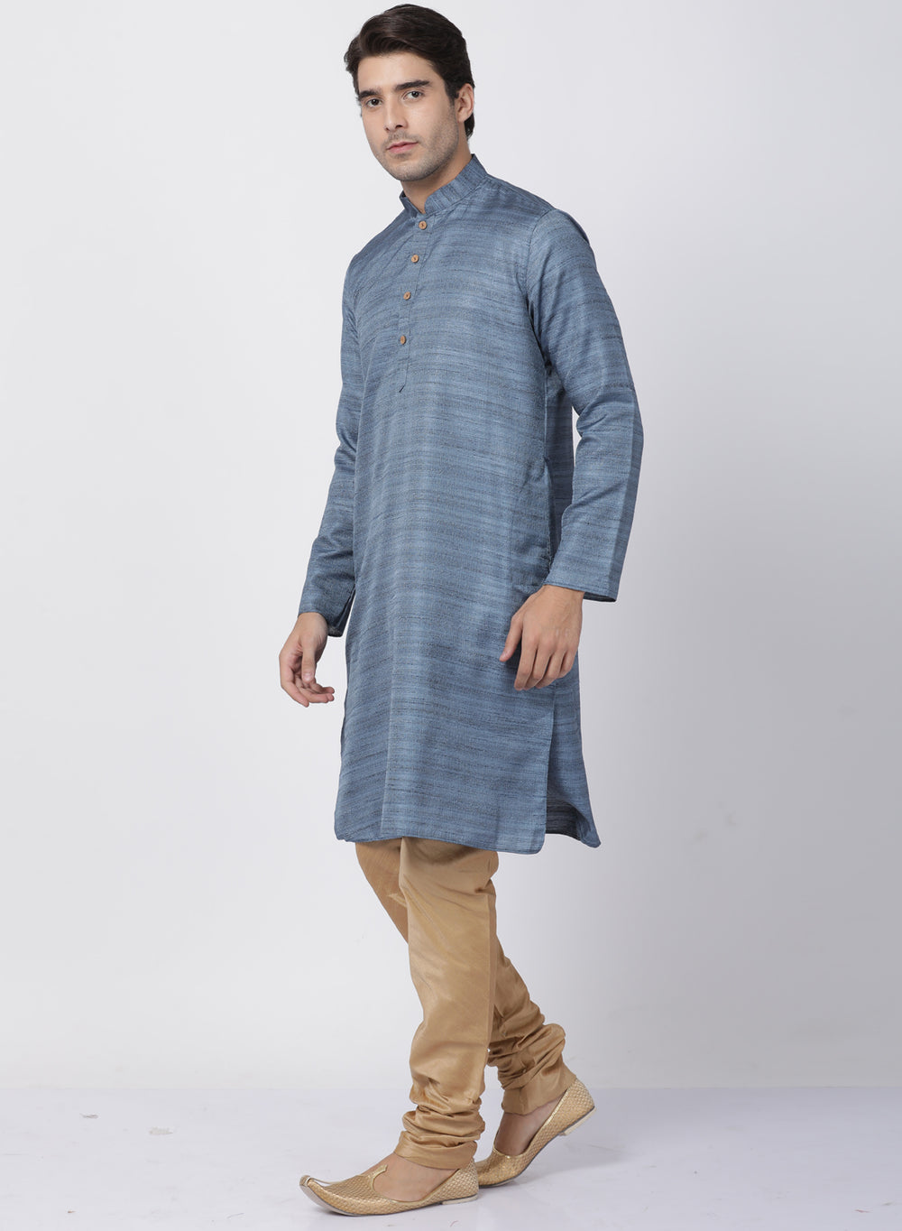 Men's Grey Cotton Silk Blend Kurta and Pyjama Set