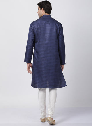 Men's Dark Blue Cotton Silk Blend Kurta and Pyjama Set
