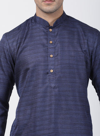 VASTRAMAY Men's Dark Blue Cotton Silk Blend Kurta and Pyjama Set
