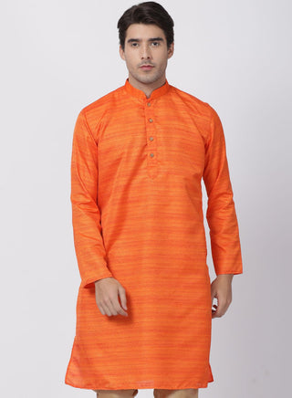 VASTRAMAY Men's Orange Cotton Silk Blend Kurta