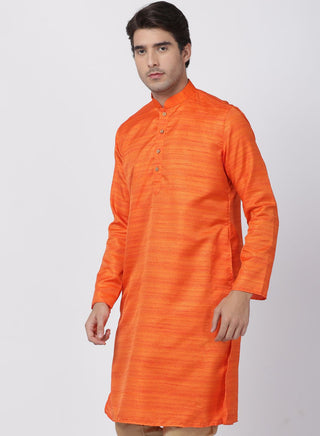 VASTRAMAY Men's Orange Cotton Silk Blend Kurta