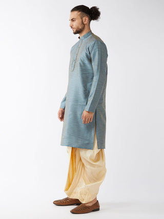 VM By VASTRAMAY Men's Aqua Blue And Gold Silk Blend Kurta And Dhoti Set