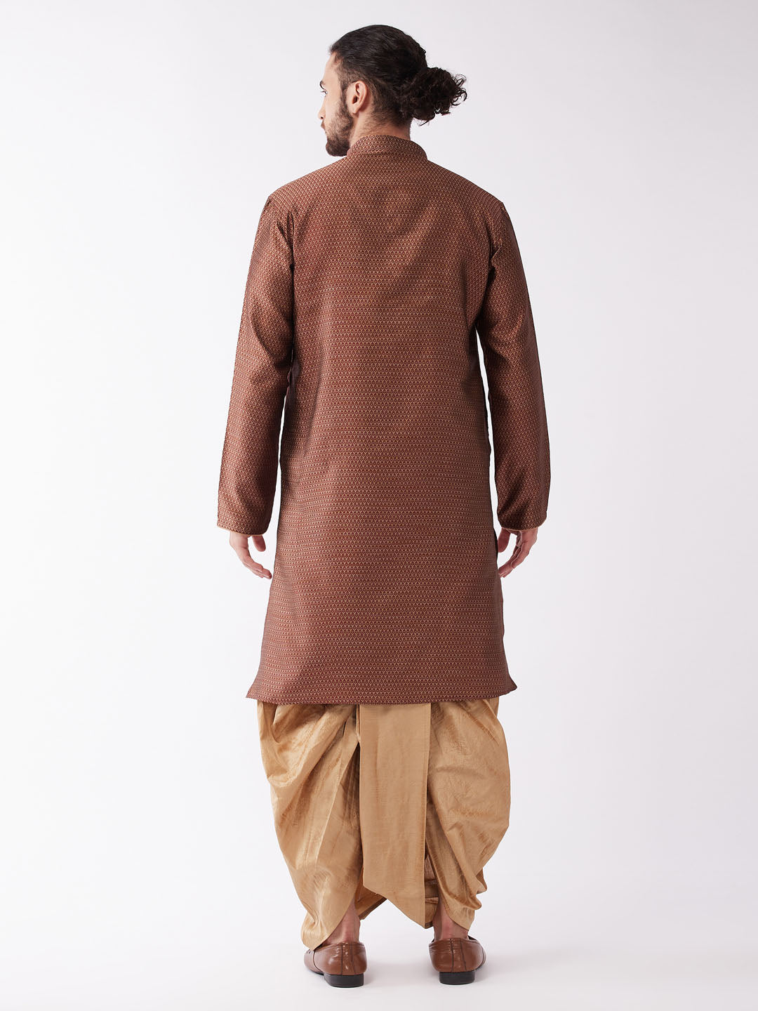 Men's Maroon And Rose Gold Silk Blend Kurta And Dhoti Set
