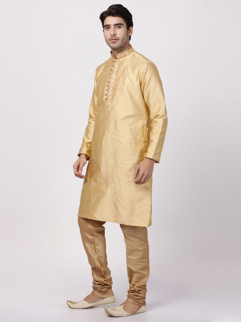 Men's Beige Cotton Silk Blend Kurta and Pyjama Set