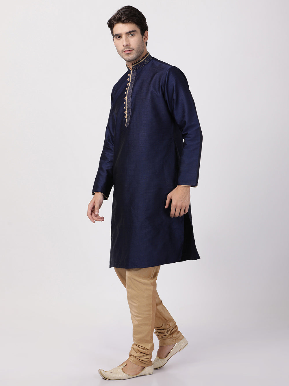 Men's Dark Blue Cotton Silk Blend Kurta and Pyjama Set