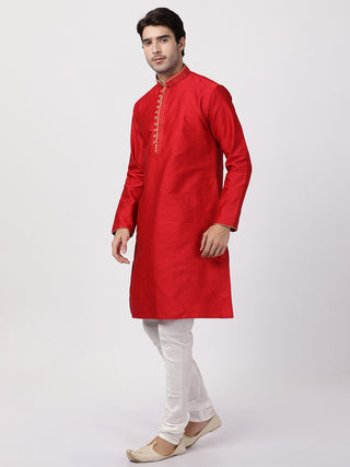 Men's Red Cotton Silk Blend Kurta and Pyjama Set