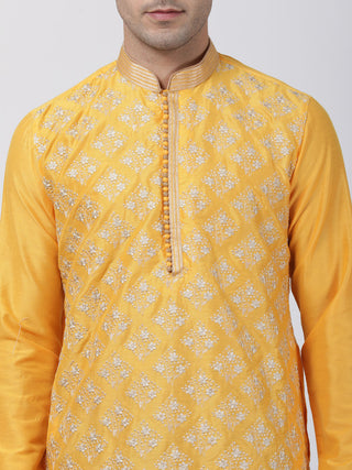 VASTRAMAY Men's Yellow Cotton Silk Blend Kurta