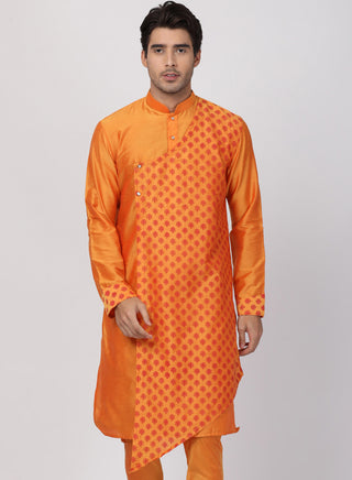 VASTRAMAY Men's Orange Cotton Silk Blend Kurta
