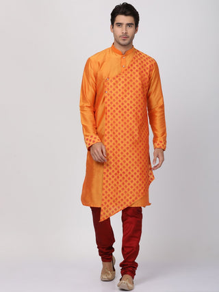 Men's Orange Cotton Silk Blend Kurta and Pyjama Set