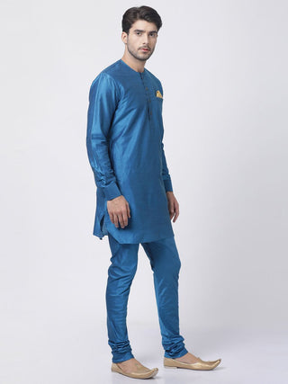 Men's Dark Blue Cotton Silk Blend Kurta and Pyjama Set