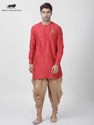 Men's Red Cotton Blend Kurta and Dhoti Pant Set