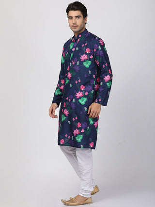 VASTRAMAY Men's Blue & White Printed Kurta With Pyjama Set