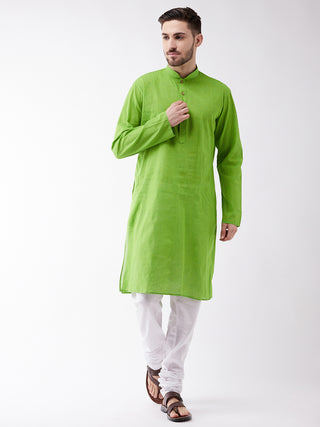 Vastramay Pure Handloom Cotton Green and White Baap Beta Kurta Pyjama set