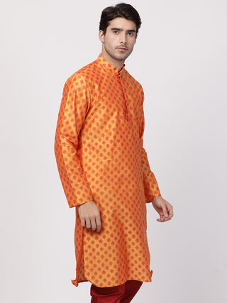Men's Orange Cotton Silk Blend Kurta