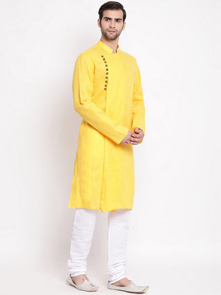 VASTRAMAY Men's Yellow Mix Cotton Kurta and Pyjama Set
