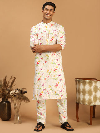 VASTRAMAY Men's Cream Printed Cotton Blend Kurta and Printed Matching Pant Set