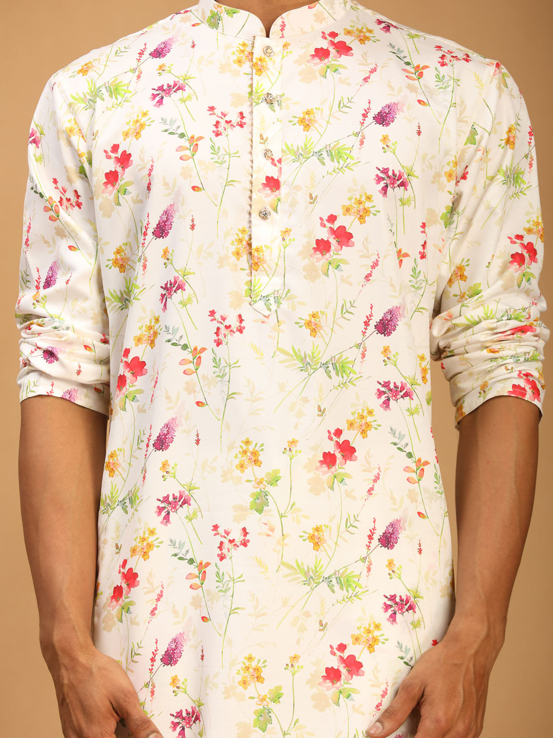 Men's Cream Printed Cotton Blend Kurta And Printed Matching Pant Set