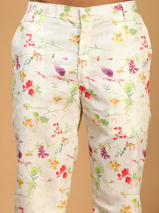 VASTRAMAY Men's Cream Printed Cotton Blend Kurta and Printed Matching Pant Set