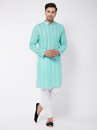 VASTRAMAY Men's Green Pure Cotton Chikankari Kurta With Pant set