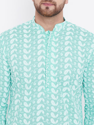 VASTRAMAY Green Pure Cotton Chikankari Kurta Pyjama Set