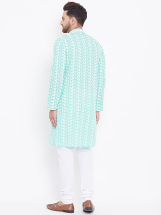 VASTRAMAY Men's Green Pure Cotton Chikankari Kurta Pyjama Set