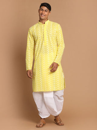 VASTRAMAY Men's Mustard Pure Cotton Chikankari Kurta With Dhoti set
