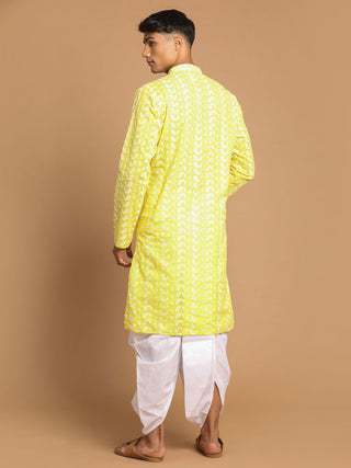 VASTRAMAY Men's Mustard Pure Cotton Chikankari Kurta With Dhoti set