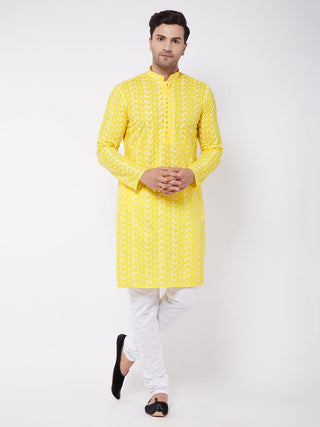 VASTRAMAY Men's Mustard Pure Cotton Chikankari Kurta Pyjama Set