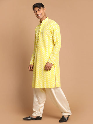 VASTRAMAY Men's Mustard Pure Cotton Chikankari Kurta With Patiala set