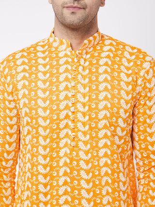 Vastramay Men's Orange Pure Cotton Chikankari Kurta
