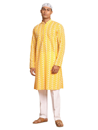 VASTRAMAY Men's Orange Pure Cotton Chikankari Kurta Pant With Prayer Cap