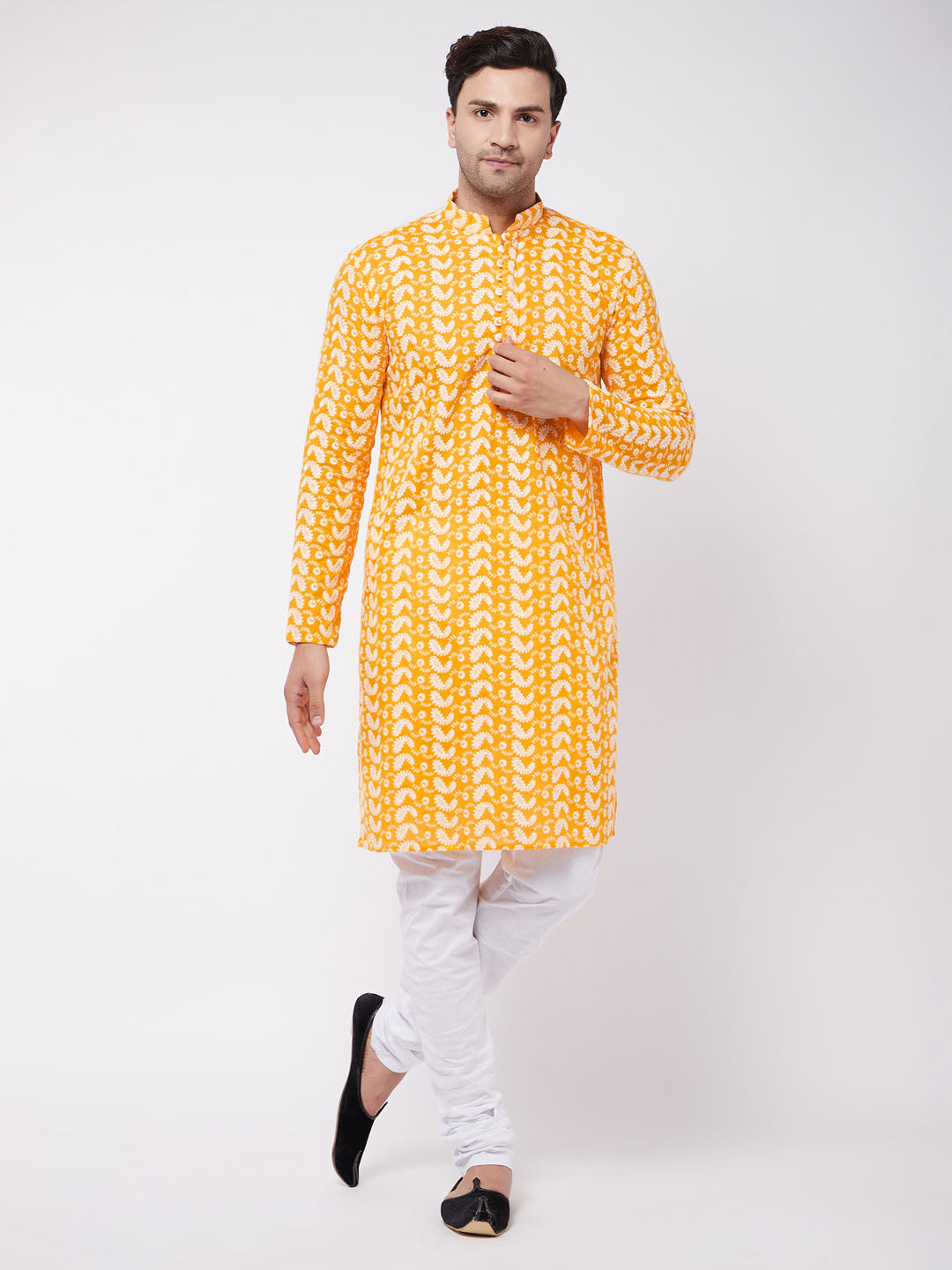 Men's Orange Pure Cotton Chikankari Kurta Pyjama Set
