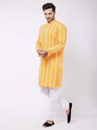 VASTRAMAY Men's Orange Pure Cotton Chikankari Kurta Pyjama Set