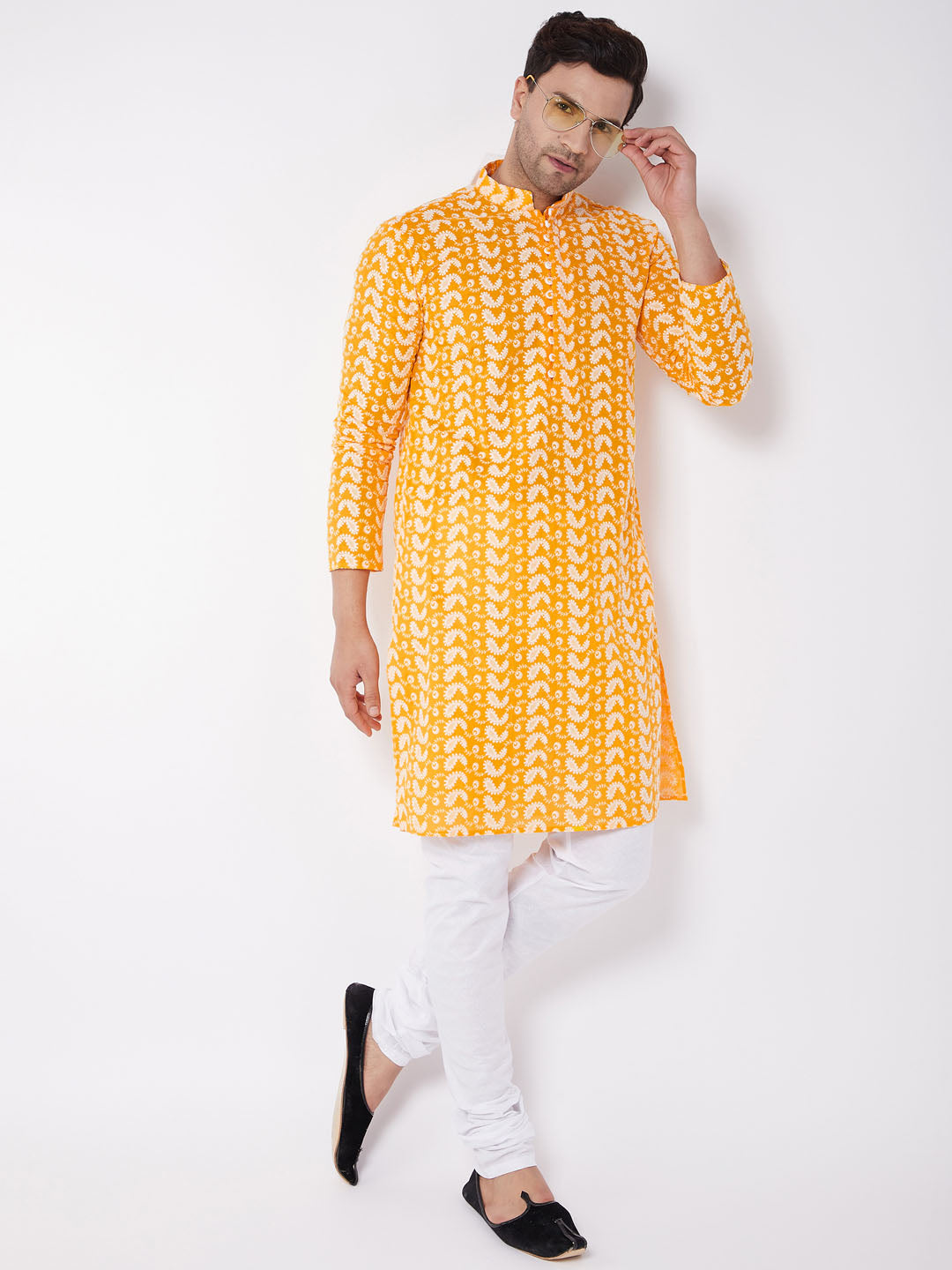 Men's Orange Pure Cotton Chikankari Kurta Pyjama Set