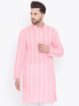 VASTRAMAY Men's Pink Pure Cotton Chikankari Kurta