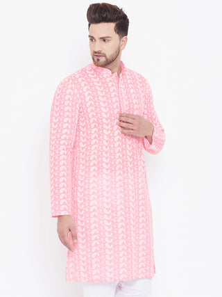 VASTRAMAY Men's Pink Pure Cotton Chikankari Kurta