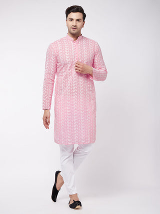 VASTRAMAY Men's Pink Pure Cotton Chikankari Kurta With Pant set